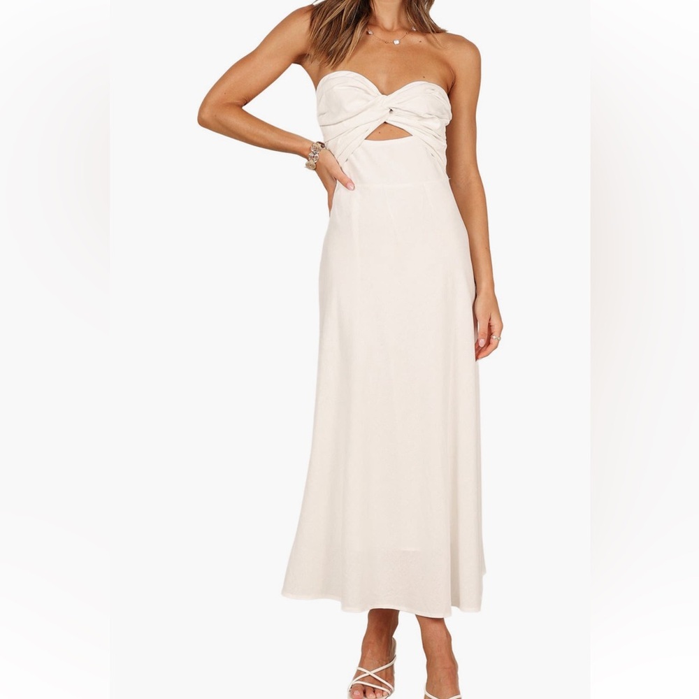 petal and pup rosetta strapless cutout midi cotton/linen blend dress in black